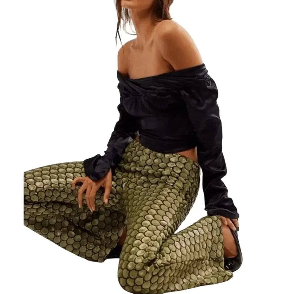 FREE PEOPLE Wilder Days Sequined Flared Pants in Olive Size 10 New MSRP $198